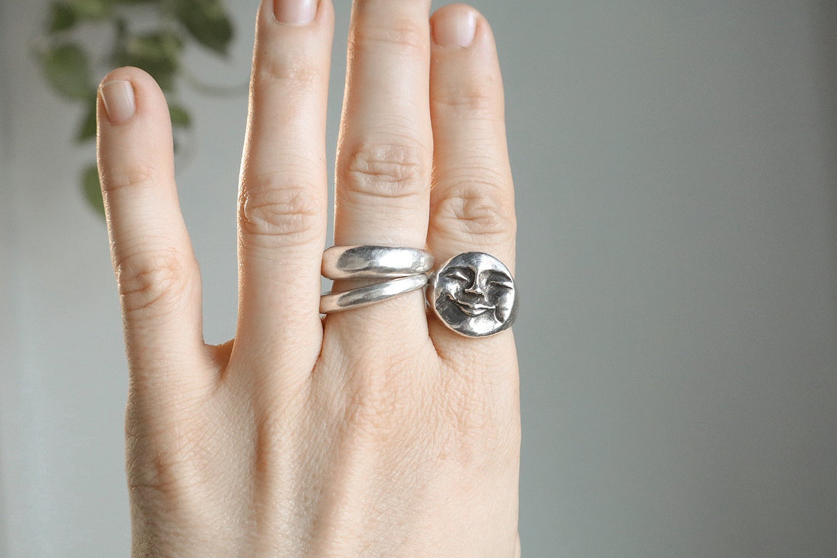 Moon face signet - recycled sterling silver