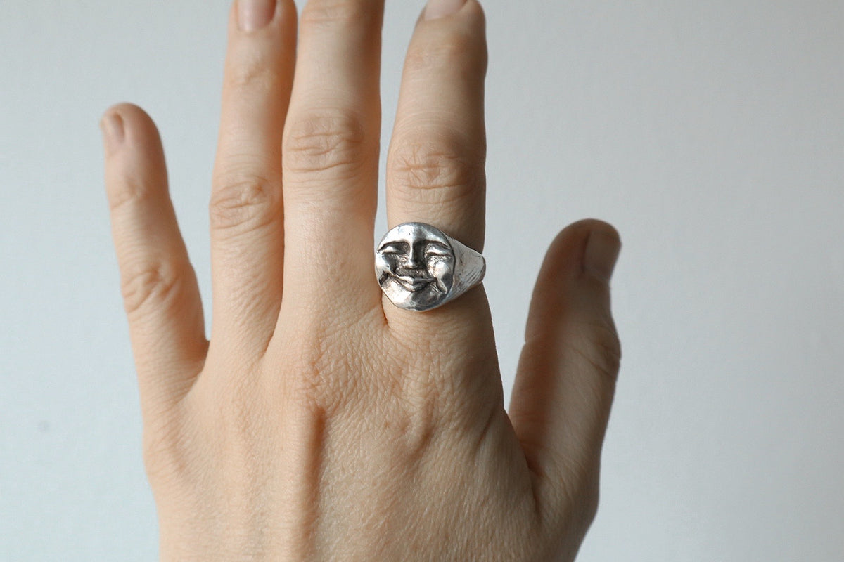 Moon face signet - recycled sterling silver
