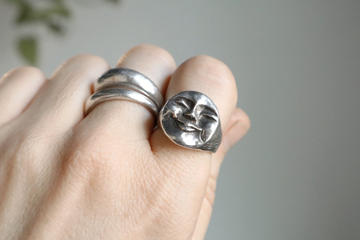 Moon face signet - recycled sterling silver