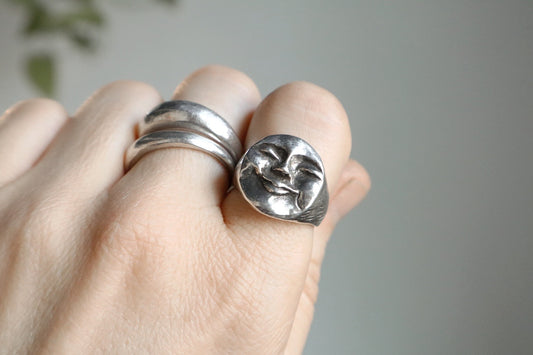 Moon face signet - recycled sterling silver